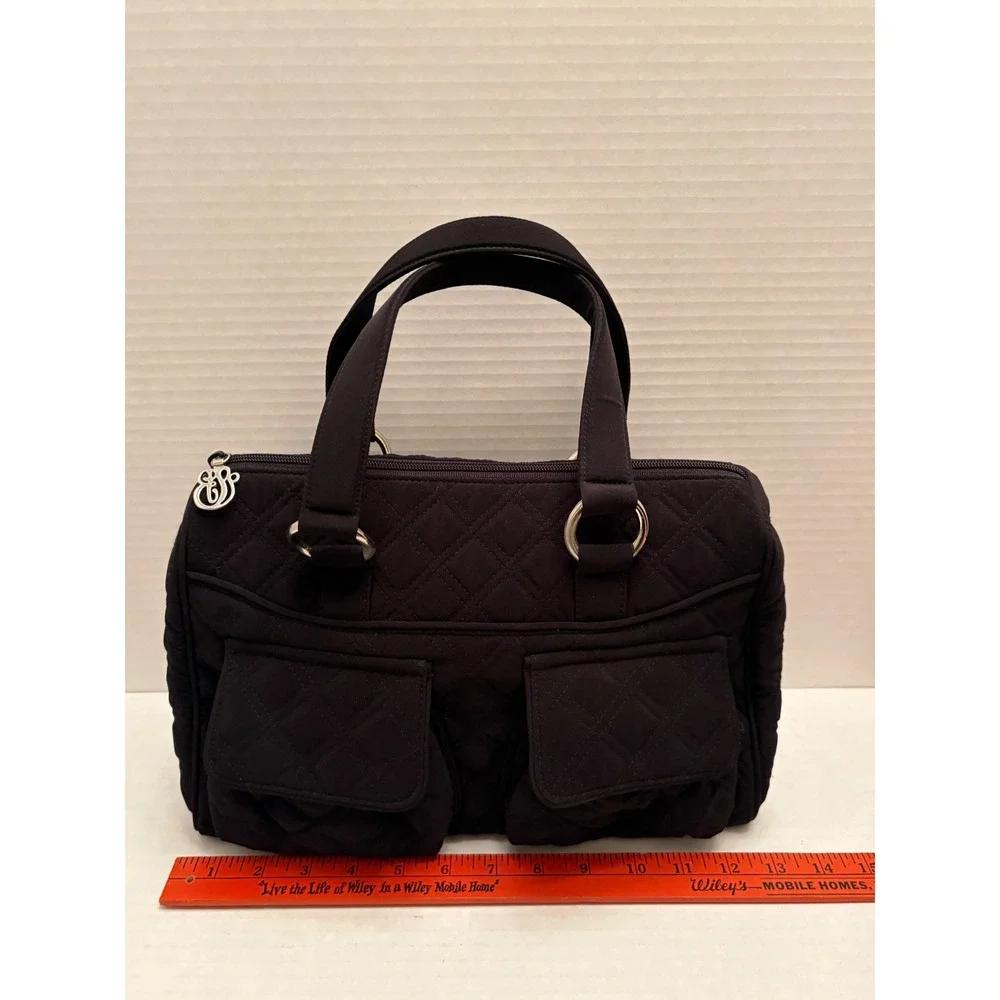 Vera Bradley Black Quilted Microfiber Satchel Handbag with Front Pockets